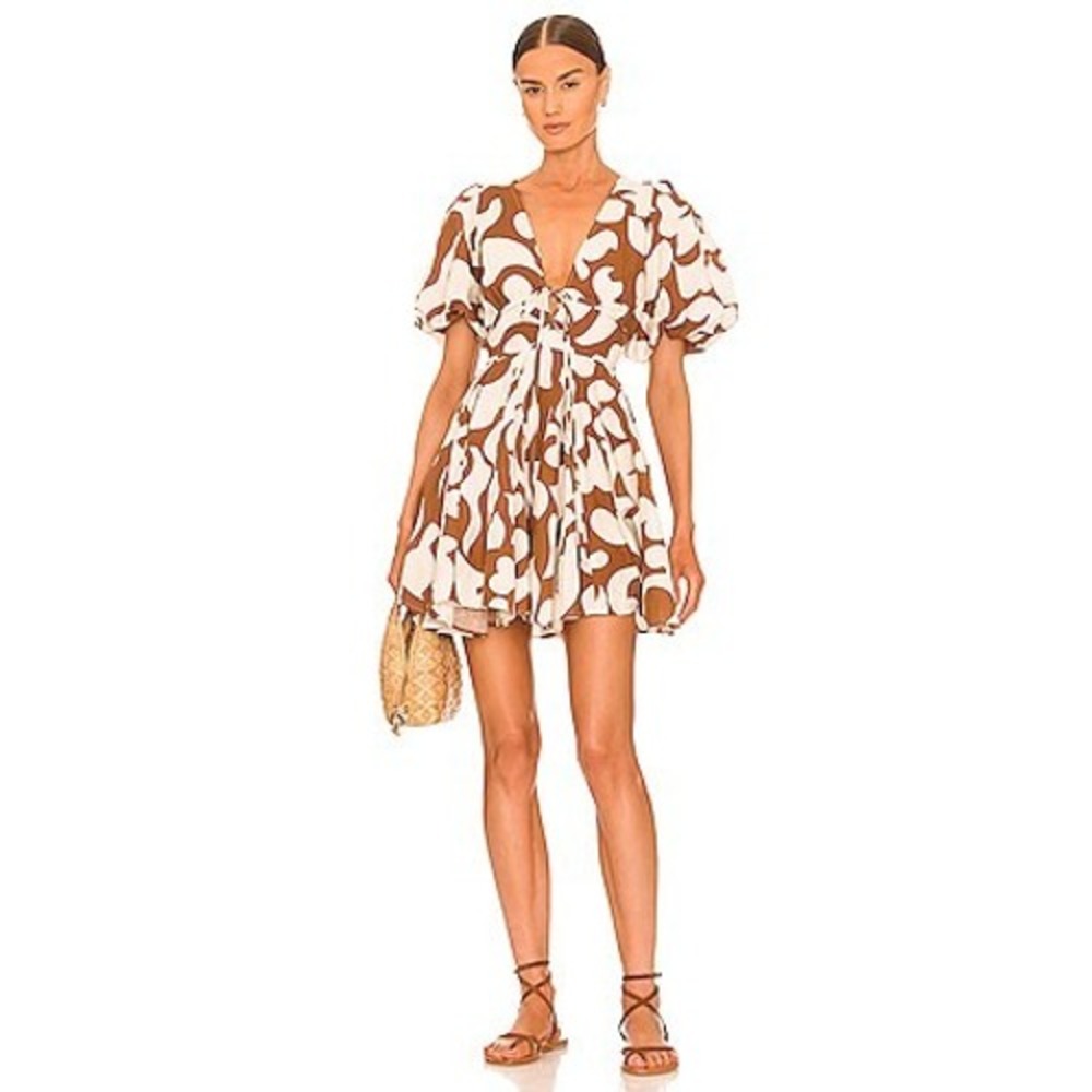 House of Harlow 1960 Madeline Free Spirit Brown White Floral Puff Sleeve Dress 2